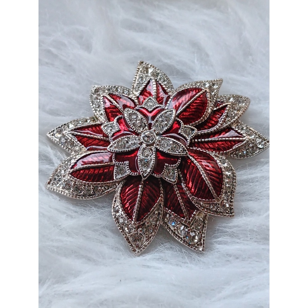 Christma Brooch Vtg Monet Silver Tone Red Enamel Poinsettia  Rhinestone Flower
